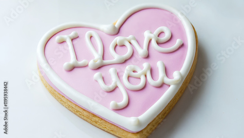 Heart-shaped icing cookie: A close-up, vibrant photo of a heart-shaped icing cookie with the words "I LOVE YOU" written in delicate icing lettering