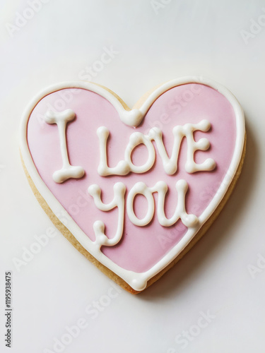Heart-shaped icing cookie: A close-up, vibrant photo of a heart-shaped icing cookie with the words "I LOVE YOU" written in delicate icing lettering