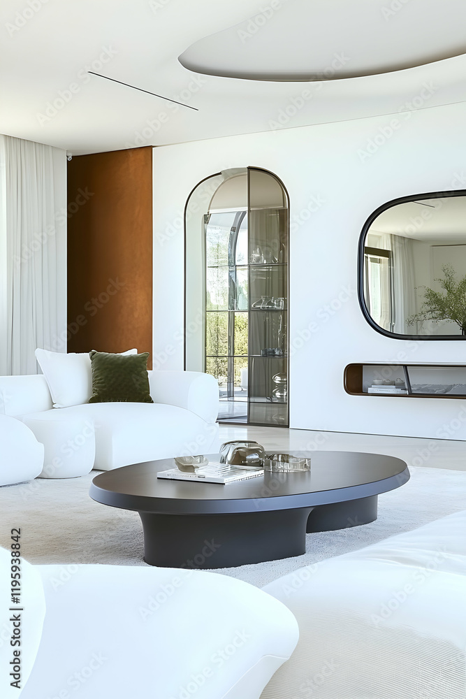 Fototapeta premium Modern living room interior design, showcasing white sofa, oval coffee table, arched glass partition, and minimalist decor. Ideal for interior design websites or magazines