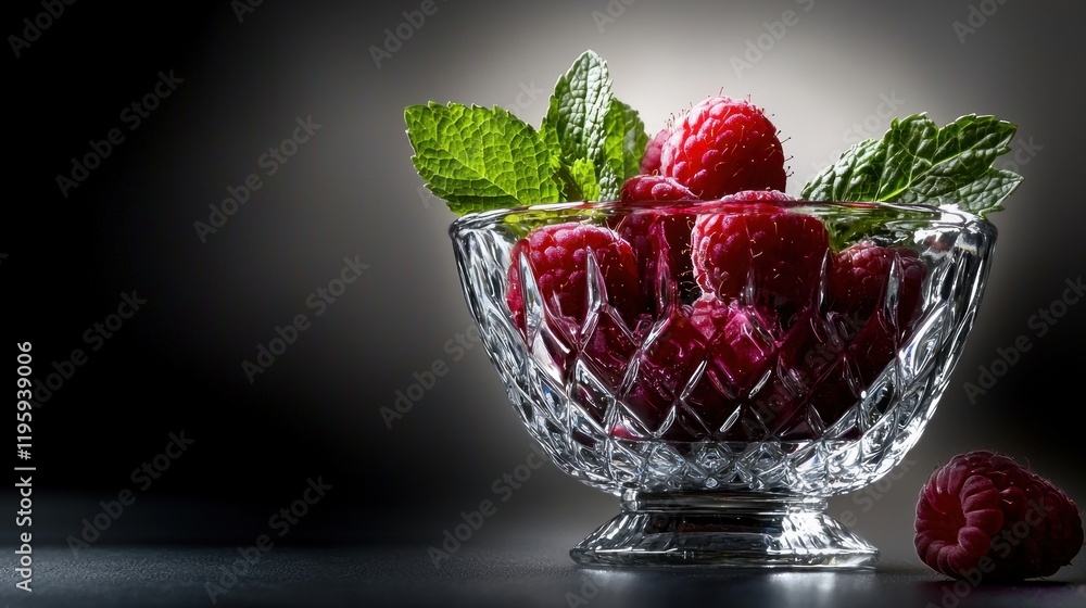 Fresh raspberries in a crystal bowl with mint. Fresh raspberries in a crystal bowl with mint.