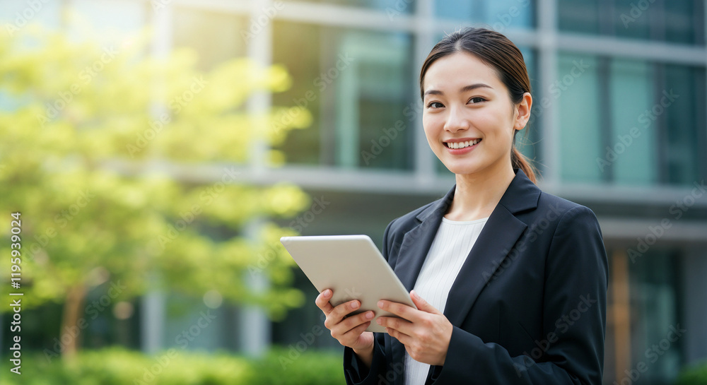 Bright smiling professional woman in an outdoor business environment, showcasing confidence and competence.
Bright smiling professional woman in an outdoor business environment, showcasing confidence and competence.