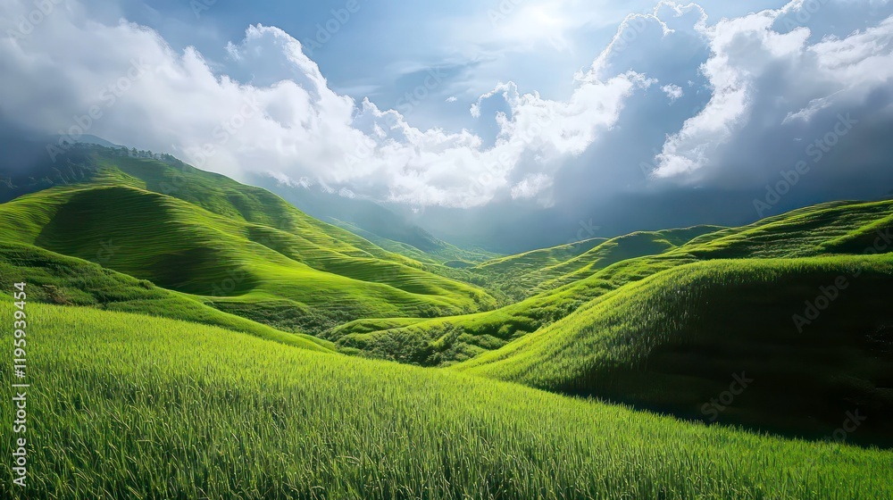 Obraz premium Lush green hills and valleys bathed in sunlight under a partly cloudy sky.