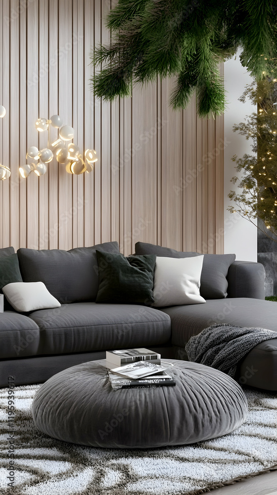Obraz premium Modern living room interior design with sectional sofa, plush ottoman, and Christmas tree in the background; perfect for home décor websites and magazines