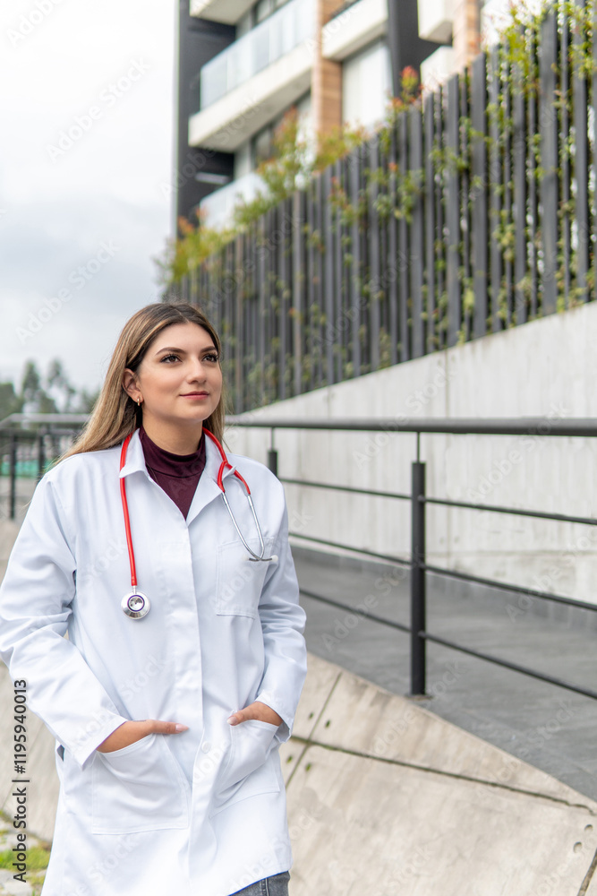 Young blonde Latina female doctor walks with her apron and stethoscope down the street Young blonde Latina female doctor walks with her apron and stethoscope down the street
