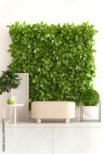 Modern living room interior with green wall, plants, and minimalist furniture. Ideal for home decor websites and magazines photo