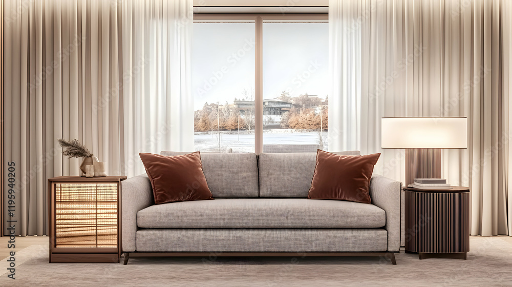 Fototapeta premium Modern living room sofa near window, city view, winter scene, cozy interior design, home decor