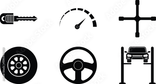 Automotive Speedometer, Cross Wrench, Lift, Steering Wheel, Tire, Key. Car Repair Service Icons