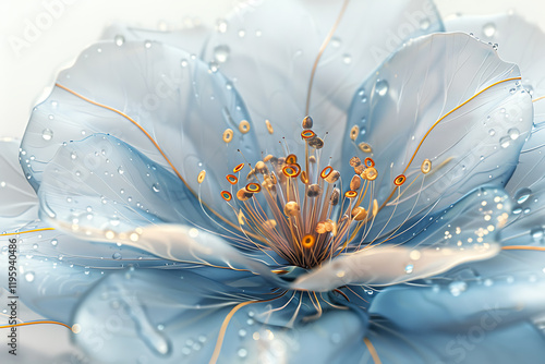 dreamy floral illustration, a detailed d illustration of a delicate blue flower with golden stamens, semi-transparent petals, on a light background photo