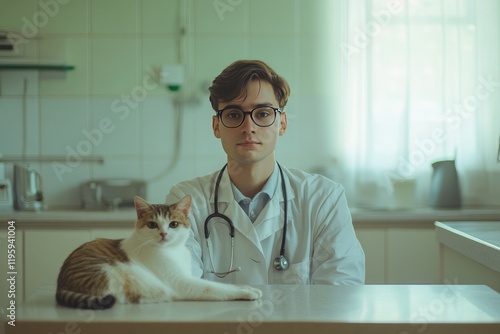 Young Veterinarian Examining a Calico Cat in Clinic photo