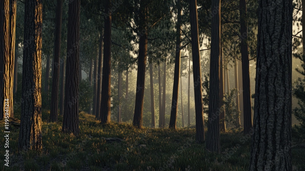 Fototapeta premium Sun Rays Filtering Through Pine Trees