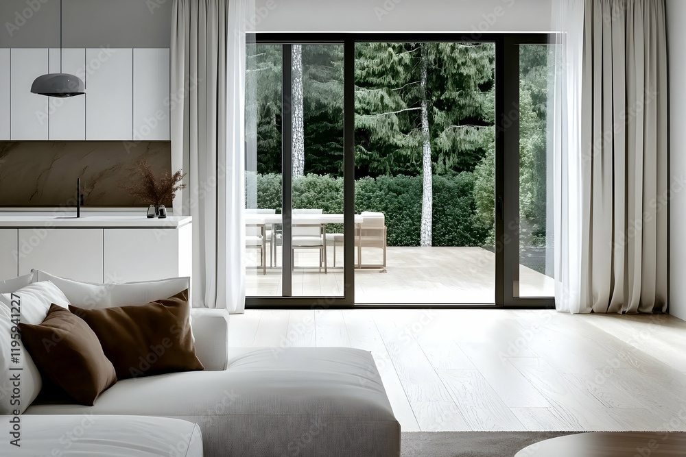 Fototapeta premium Modern living room with patio doors opening to a tranquil forest view, showcasing minimalist interior design perfect for real estate listings