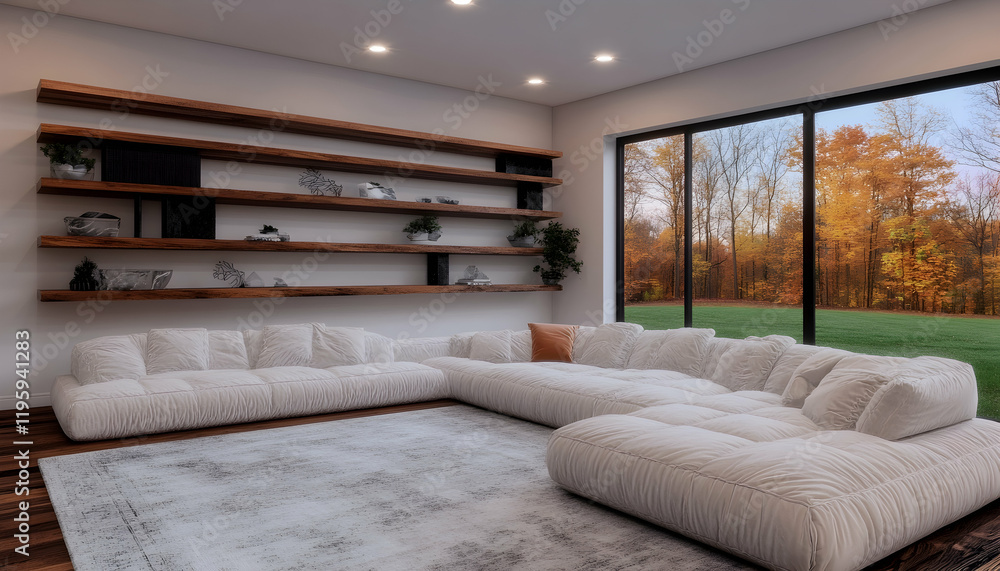 Fototapeta premium Modern living room with sectional sofa, autumn view, interior design