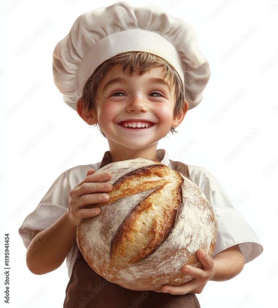 A cheerful child in a chef hat proudly holds a freshly baked round loaf of bread, embodying joy and culinary creativity. A cheerful child in a chef hat proudly holds a freshly baked round loaf of bread, embodying joy and culinary creativity.