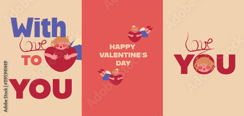 Happy Valentine's Day. Vector posters illustration of cupid with heart, wings, love for greeting. Perfect for greeting card, poster, background, or romantic design project. 