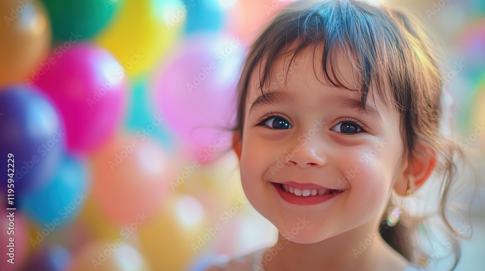 Closeup of child joyful expression with colorful balloons and bokeh