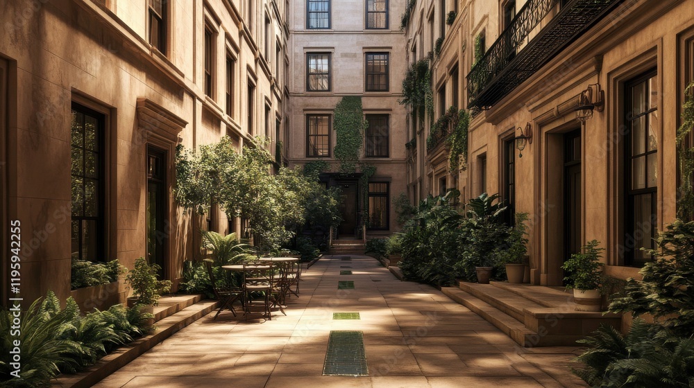 Fototapeta premium Sustainable green building upgrades. Serene courtyard with greenery and stone walkways in a sunny setting.