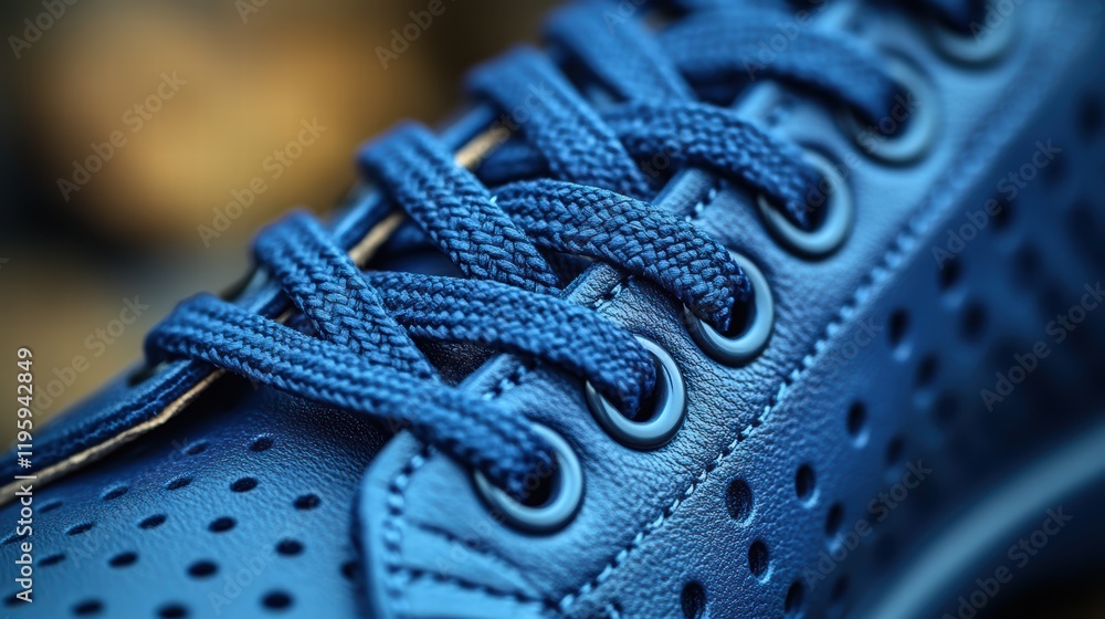 Obraz premium Close-up of laces on a navy blue leather sneaker,