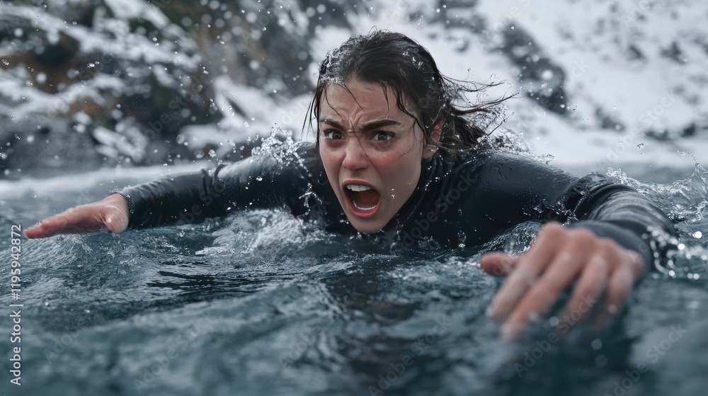 Fototapeta premium Woman Screaming While Swimming in Cold Water