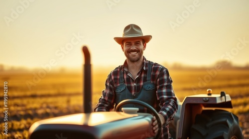 Smiling farmer on his tractor at sunset, enjoying the golden hour on his farm.  Hard work and dedication to agriculture. photo