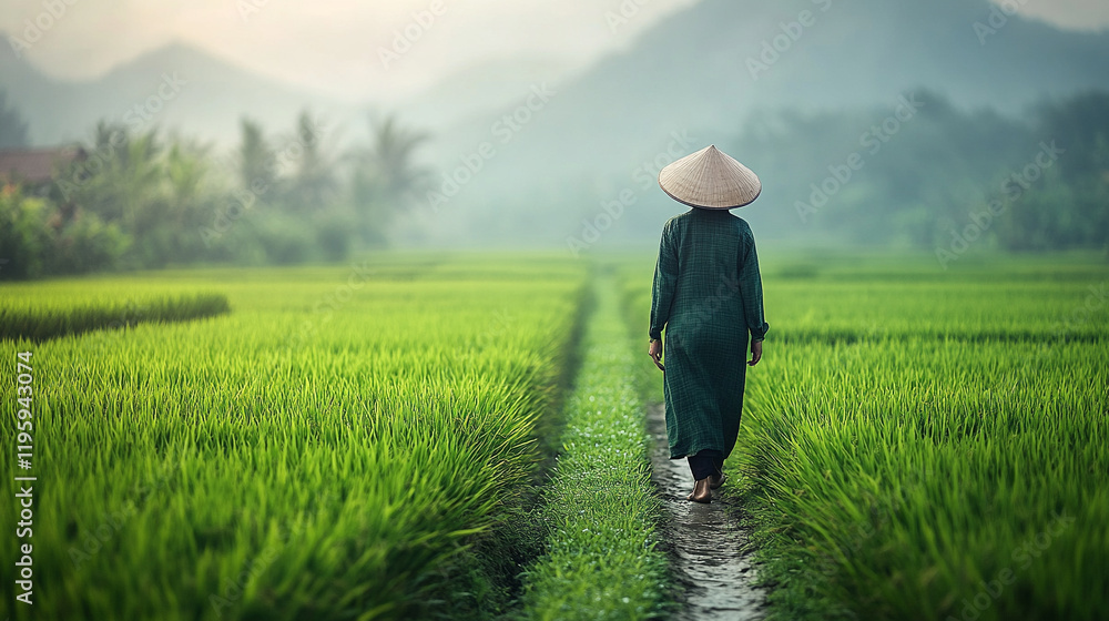 A tranquil rice field at dawn with mist rising from the ground, a farmer in a hat tending to crops in perfectly aligned rows, creating a peaceful and serene landscape with blurred space on the side
A tranquil rice field at dawn with mist rising from the ground, a farmer in a hat tending to crops in perfectly aligned rows, creating a peaceful and serene landscape with blurred space on the side