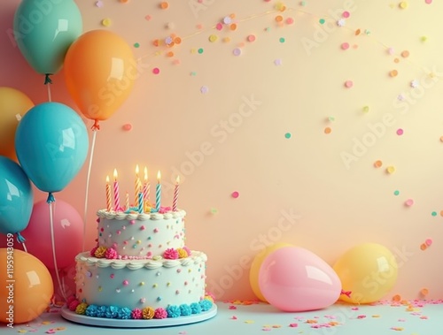 Colorful balloons, birthday cake and candles on festive party background Concept Birthday party decoration Festive balloons, colorful theme. There is space for text on the side.