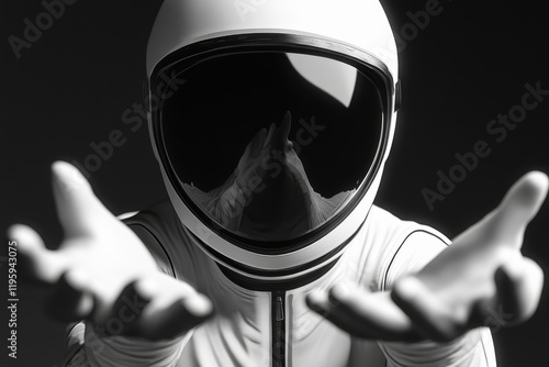 Astronaut in white suit offers welcoming hands photo