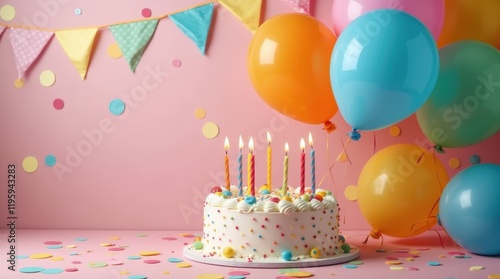 Colorful balloons, birthday cake and candles on festive party background Concept Birthday party decoration Festive balloons, colorful theme. There is space for text on the side.