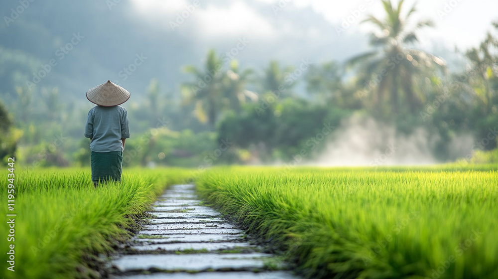 A tranquil rice field at dawn with mist rising from the ground, a farmer in a hat tending to crops in perfectly aligned rows, creating a peaceful and serene landscape with blurred space on the side
A tranquil rice field at dawn with mist rising from the ground, a farmer in a hat tending to crops in perfectly aligned rows, creating a peaceful and serene landscape with blurred space on the side
