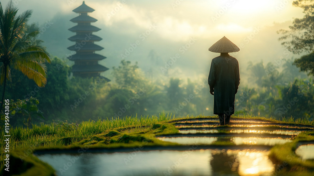 A tranquil rice field at dawn with mist rising from the ground, a farmer in a hat tending to crops in perfectly aligned rows, creating a peaceful and serene landscape with blurred space on the side
A tranquil rice field at dawn with mist rising from the ground, a farmer in a hat tending to crops in perfectly aligned rows, creating a peaceful and serene landscape with blurred space on the side