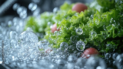 Washing fresh lettuce and tomatoes, kitchen sink, bubbles photo