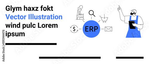 Developer pointing at ERP icons, including gears, shopping cart, magnifying glass, email, dollar sign. Ideal for software, ERP systems, business, technology, workflow automation, financial