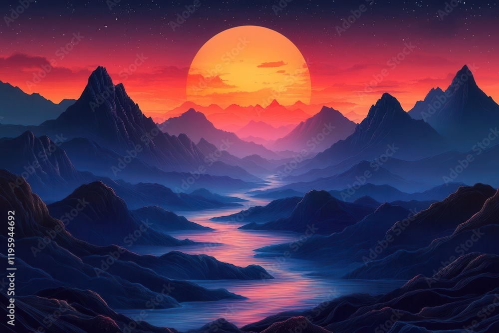abstract mountain landscape with dramatic cliffs and winding rivers rendered in bold geometric shapes and vivid color gradients abstract mountain landscape with dramatic cliffs and winding rivers rendered in bold geometric shapes and vivid color gradients