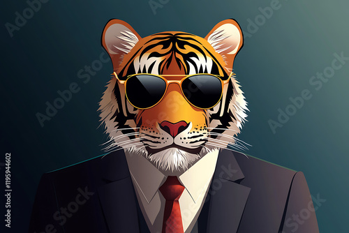 A stylized tiger wearing sunglasses and a suit, blending animal and business themes. photo