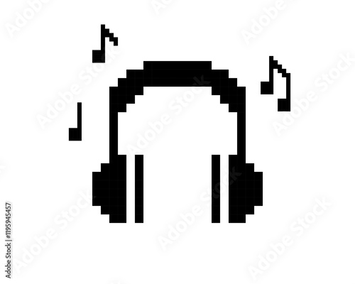 Earphone pixel art icon. Headphone icon. Listening music. Retro trendy sticker. Editable pixel vector black element. Game abstract element. Y2k modern geometric shape for collage, poster. Mood of 90s