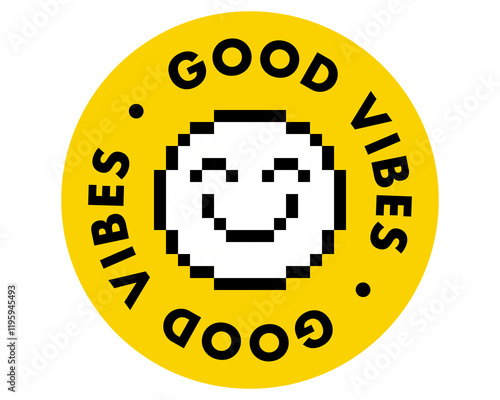 Smile face, emoji, cool badge element. Geometric bright modern shape for collage, poster, stamp. Good vibes vector illustration. Pixel art sticker. Retro 90s style. Y2k smiling face icon. Groovy