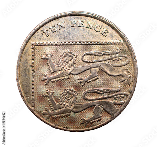 An old ten pence coin on a transparent background 