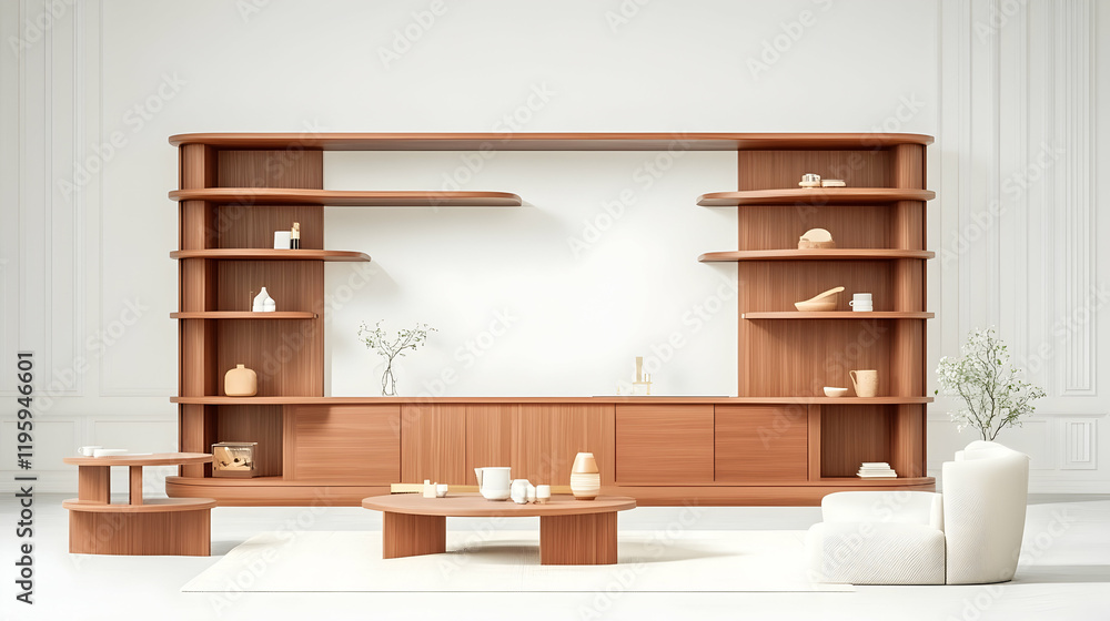 Modern minimalist living room with wooden shelving unit, coffee table, and armchair, showcasing calm interior design for home décor websites Modern minimalist living room with wooden shelving unit, coffee table, and armchair, showcasing calm interior design for home décor websites