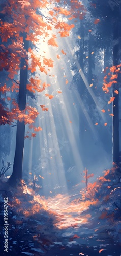 Autumnal Forest Path: Sunbeams and Falling Leaves in a Dreamy Painting photo