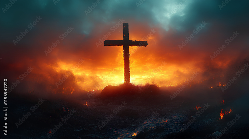 Fototapeta premium A majestic cross stands on top of an illuminated mountain, Jesus cross on a sunset