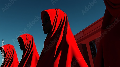 Red-clad women stand, city backdrop, protest concept