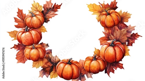 Autumn pumpkin leaves wreath, decorative border, fall design, for cards or prints photo