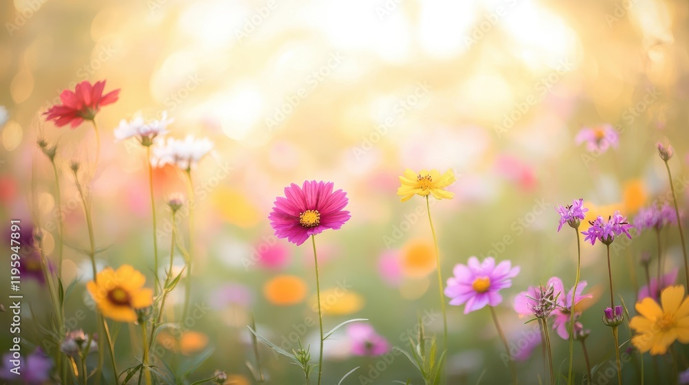 Field of wildflowers in full bloom with soft bokeh background Field of wildflowers in full bloom with soft bokeh background
