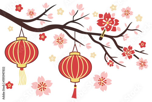 Chinese new year background and Chinese lanterns on a branch