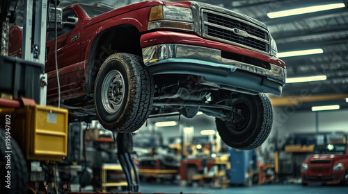 Classic Red Pickup Truck Elevated in Auto Repair Shop with Workshop Equipment and Tools on Display in Background