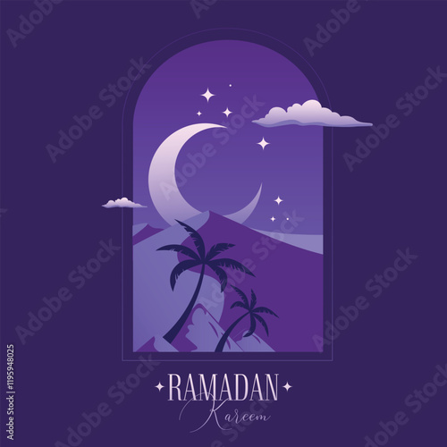Arabian Landscape, Desert Dune of Sand and Palm trees under a Crescent Moon placed in an Arch Frame. Ramadan Kareem Holy Month social media post template. Muslim Festive vector illustration.