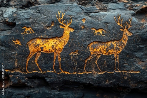 ancient petroglyphs illuminated by warm desert sunset depicting hunters and wildlife carved into red sandstone with dramatic shadows and textures photo