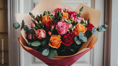 A bouquet of flowers left on a doorstep symbolizing unspoken affection, with a blank caption space on the side, bathed in bright light and a white-toned, calm atmosphere

 photo