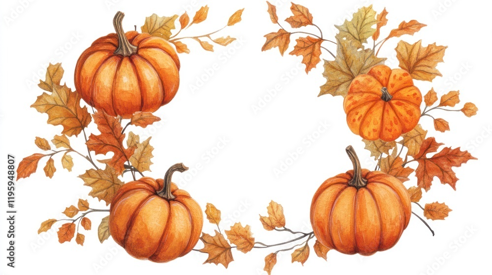 Autumn pumpkins in a fall leaf wreath. Decorative graphic for a greeting card or social media Autumn pumpkins in a fall leaf wreath. Decorative graphic for a greeting card or social media
