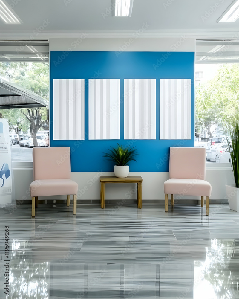 Fototapeta premium Modern waiting room with empty frames, pastel chairs, and plant. Ideal for medical or business office interior design