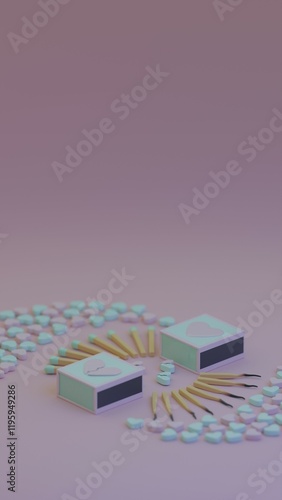 An arrangement of burned matches and broken hearts on a pastel pink background symbolizing heartbreak and emotional turmoil